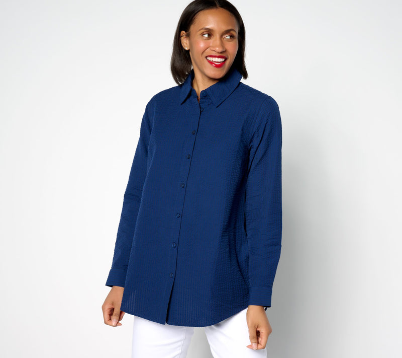Joan Rivers Petite Seersucker Button Front Shirt — View 13