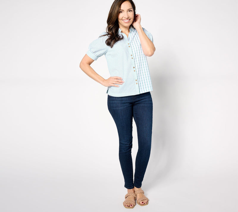 AnyBody Short Puff Sleeve Button Front Woven Shirt — View 3