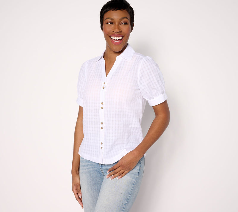 AnyBody Short Puff Sleeve Button Front Woven Shirt — View 9