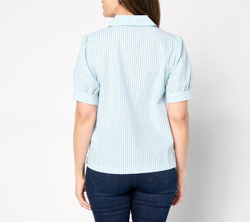 AnyBody Short Puff Sleeve Button Front Woven Shirt — View 2
