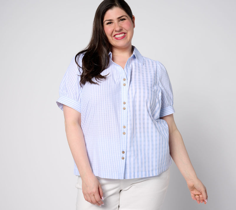 AnyBody Short Puff Sleeve Button Front Woven Shirt — View 11