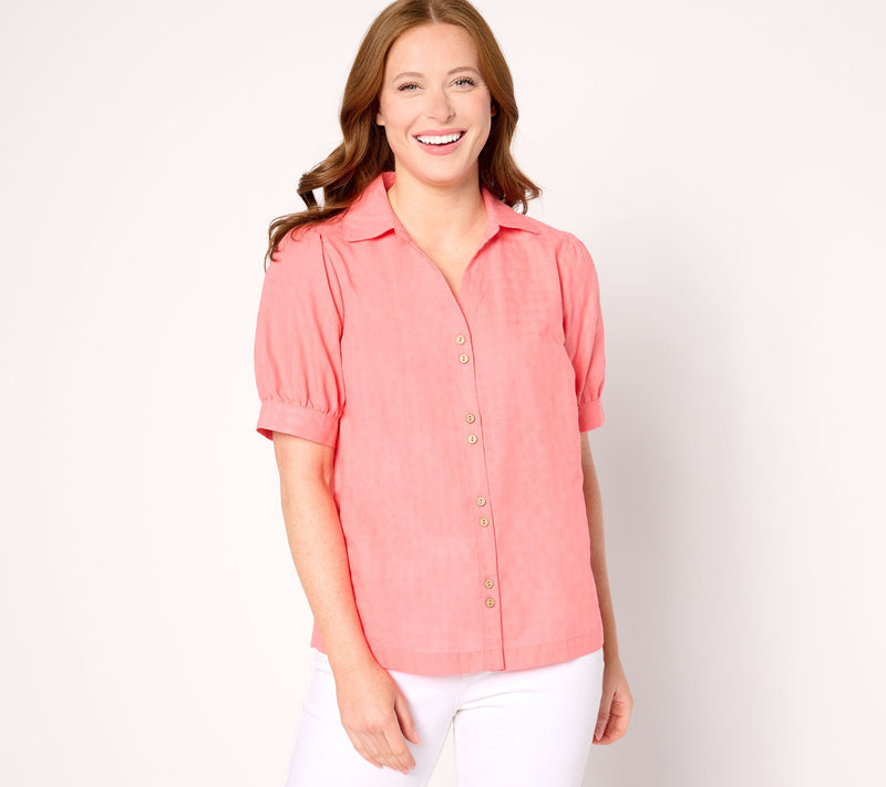 AnyBody Short Puff Sleeve Button Front Woven Shirt — View 12