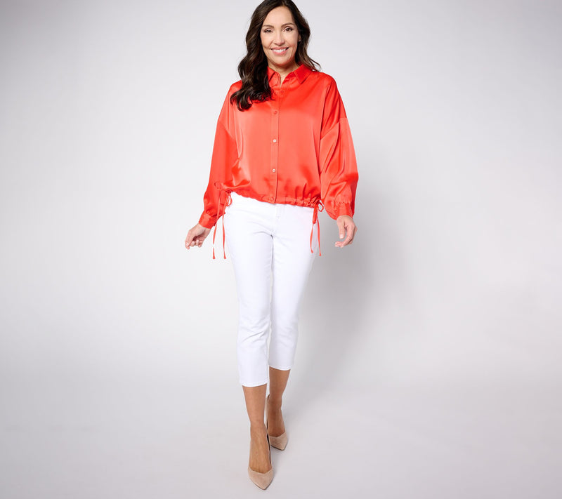 Peace Love World Satin Button Front Shirt — View 3