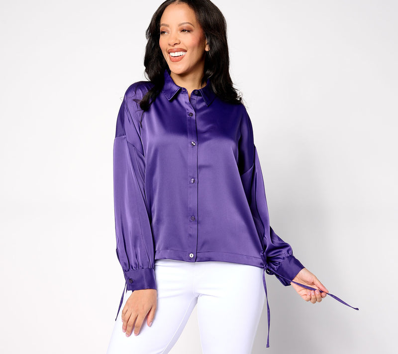 Peace Love World Satin Button Front Shirt — View 13