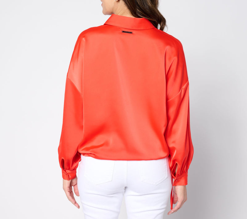 Peace Love World Satin Button Front Shirt — View 2