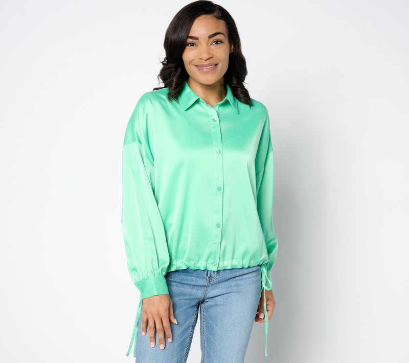 Peace Love World Satin Button Front Shirt — View 14