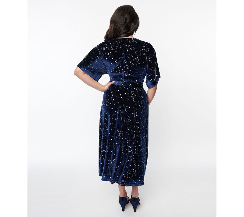 Unique Vintage Navy & Silver Stars Velvet Wrap Midi Dress — View 12