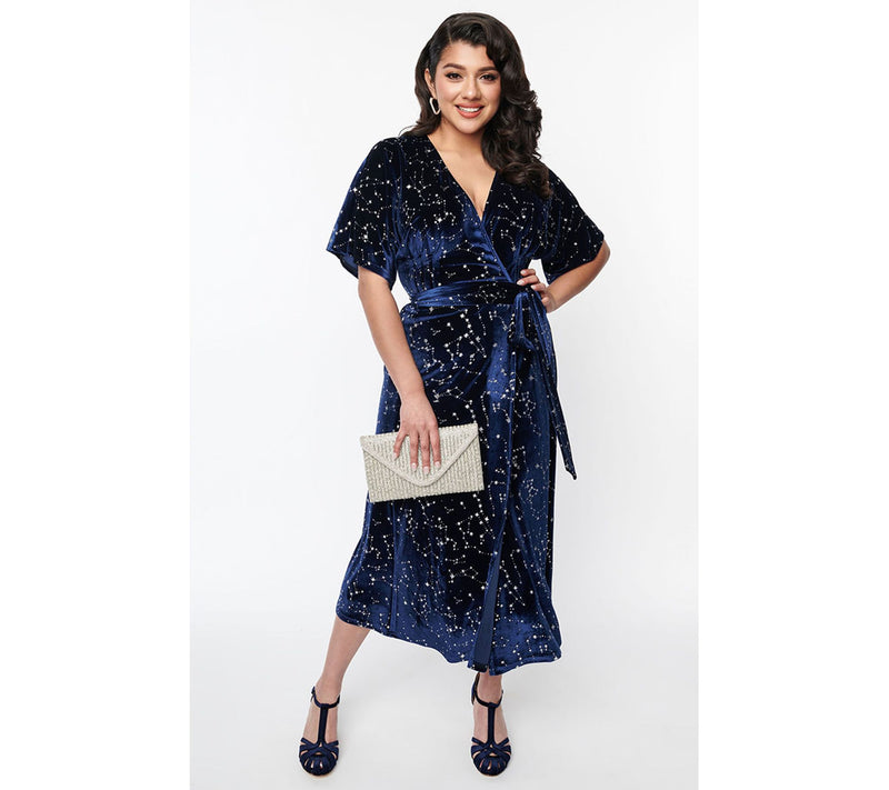 Unique Vintage Navy & Silver Stars Velvet Wrap Midi Dress — View 10
