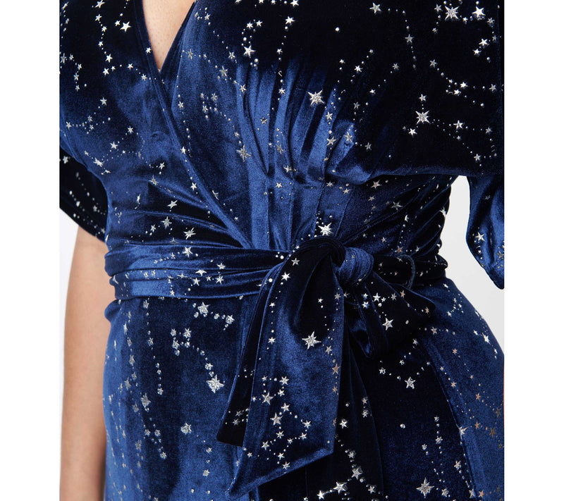 Unique Vintage Navy & Silver Stars Velvet Wrap Midi Dress — View 13