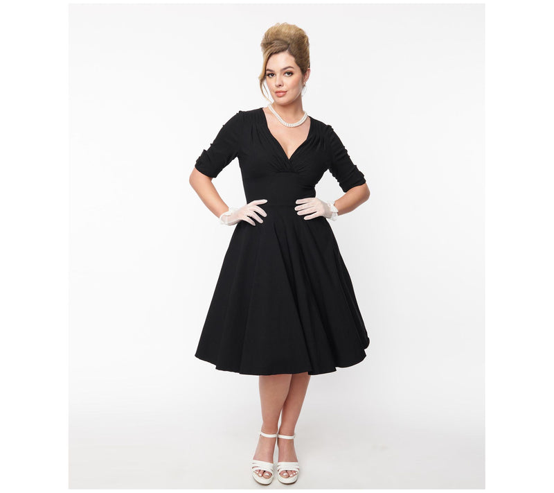 Unique Vintage Plus Size Black Delores Swing Dress with Sleeve — View 3