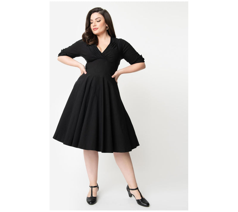 Unique Vintage Plus Size Black Delores Swing Dress with Sleeve — View 5