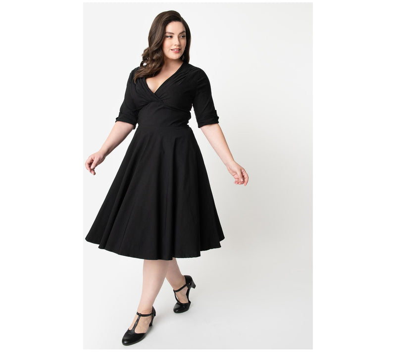 Unique Vintage Plus Size Black Delores Swing Dress with Sleeve — View 7