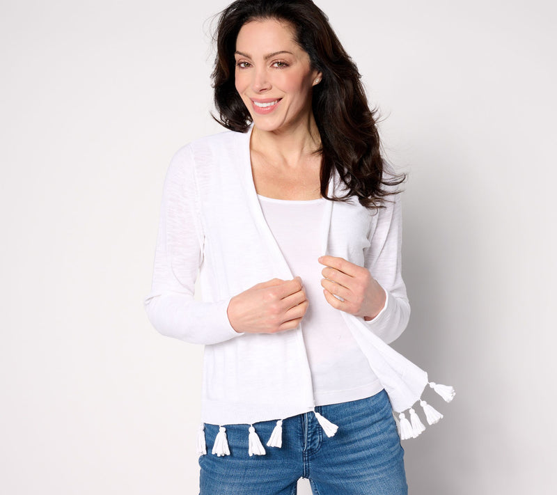 Belle by Kim Gravel Open Front Cardigan with Tassel Trim — View 2