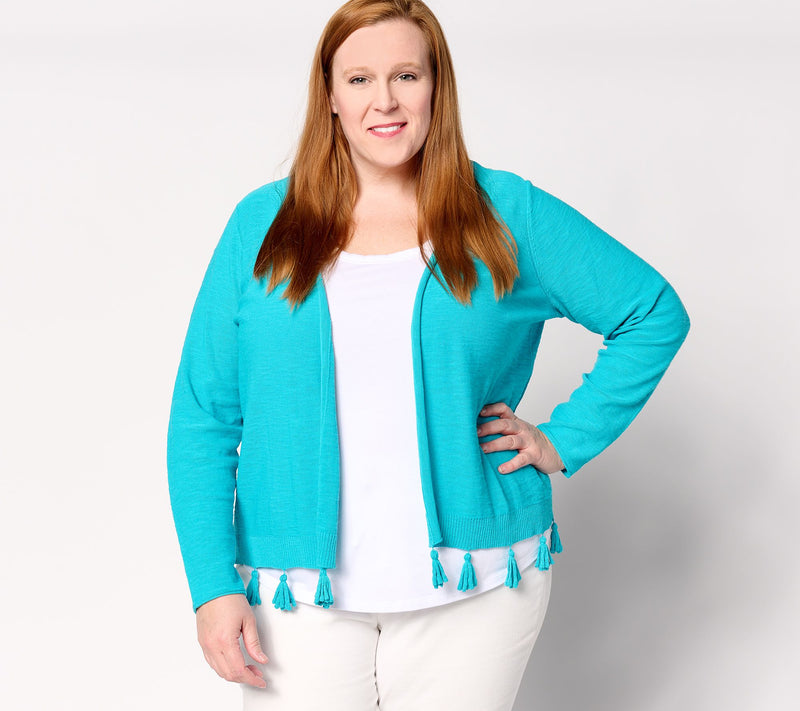 Belle by Kim Gravel Open Front Cardigan with Tassel Trim — View 13