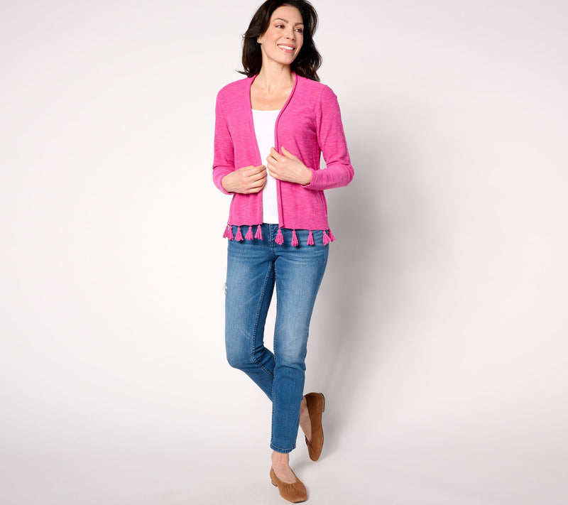 Belle by Kim Gravel Open Front Cardigan with Tassel Trim — View 5