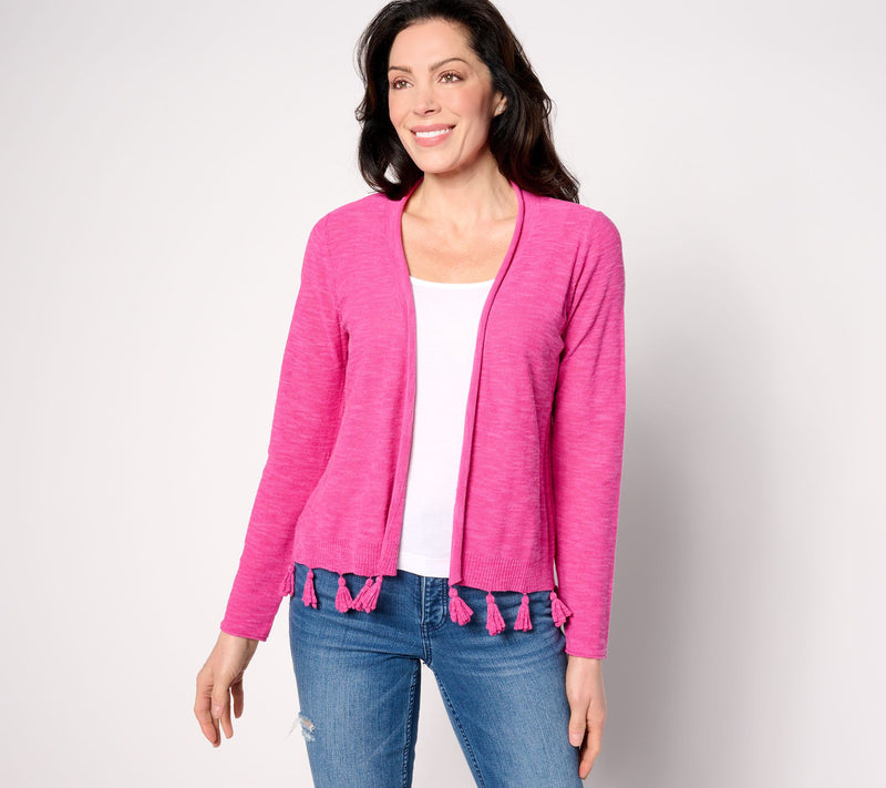 Belle by Kim Gravel Open Front Cardigan with Tassel Trim — View 16