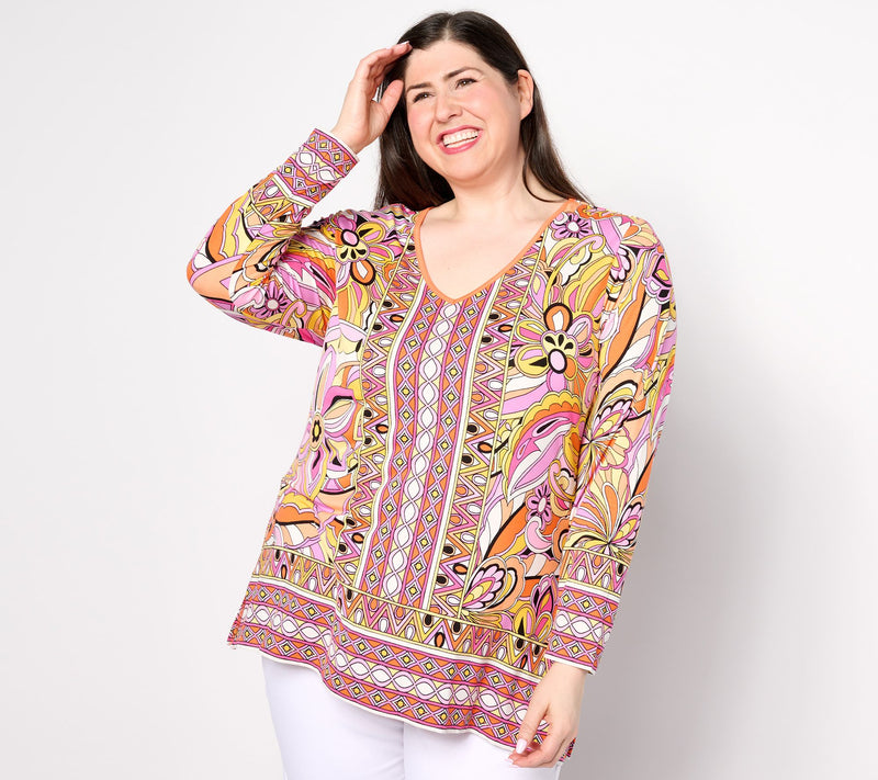 Belle by Kim Gravel Rayon Spandex Mod Square Border Trim Top — View 10