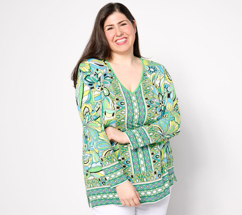 Belle by Kim Gravel Rayon Spandex Mod Square Border Trim Top — View 11