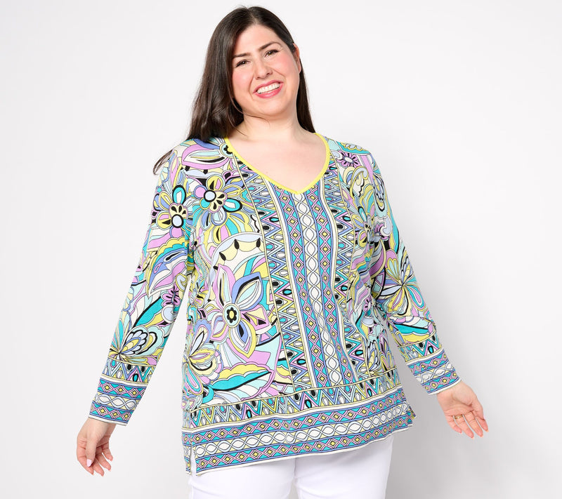 Belle by Kim Gravel Rayon Spandex Mod Square Border Trim Top — View 14