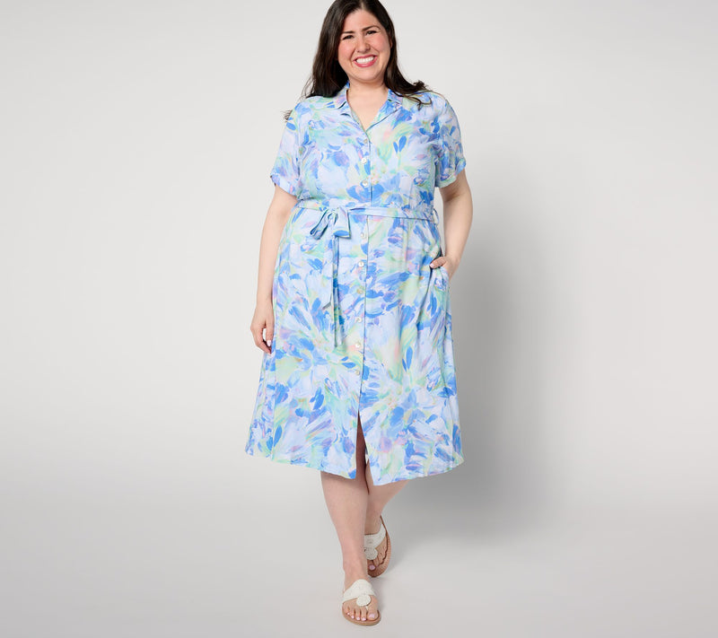 Side Stitch Short-Sleeve Button-Front Midi Dress - Aqua Bloom — Main view
