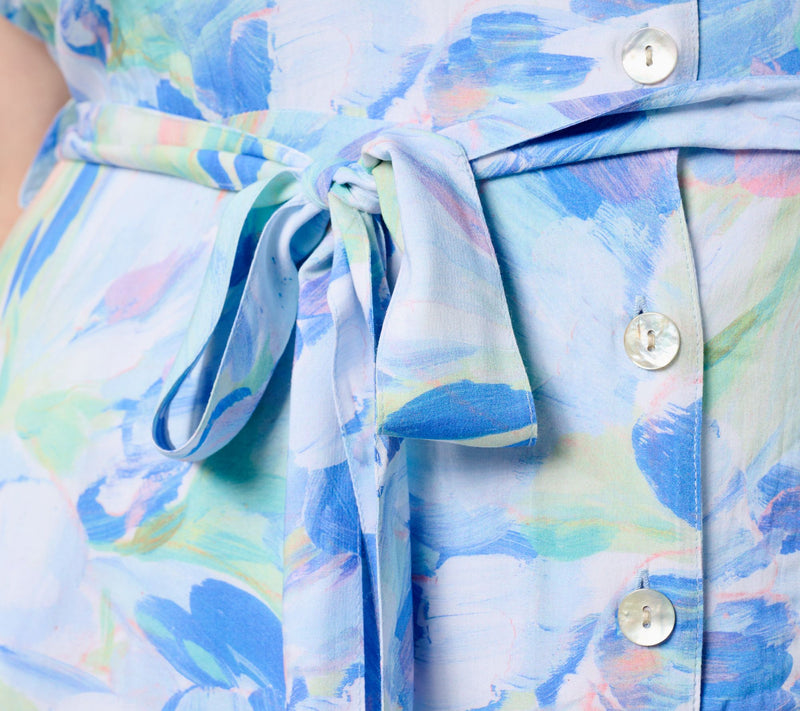 Side Stitch Short-Sleeve Button-Front Midi Dress - Aqua Bloom — View 4
