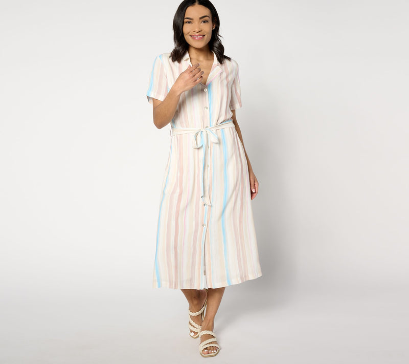 Side Stitch Short-Sleeve Button-Front Midi Dress - Desert Stripes — View 7