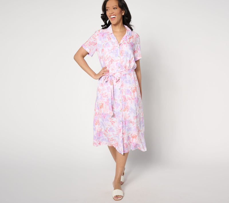 Side Stitch Short-Sleeve Button-Front Midi Dress - Peach Jardin — Main view