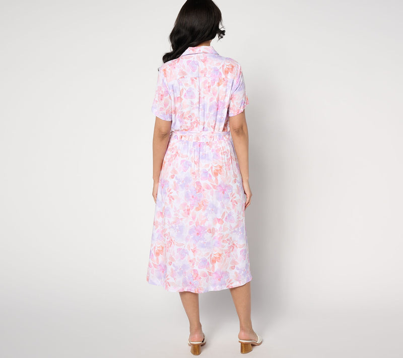 Side Stitch Short-Sleeve Button-Front Midi Dress - Peach Jardin — View 2
