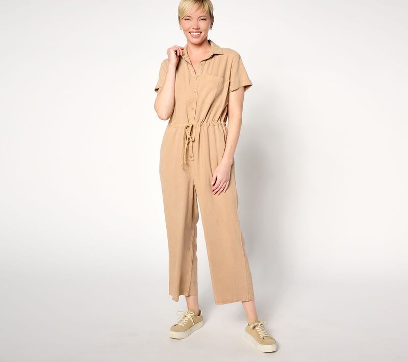 Side Stitch Short-Sleeve Wide-Leg Jumpsuit — View 12