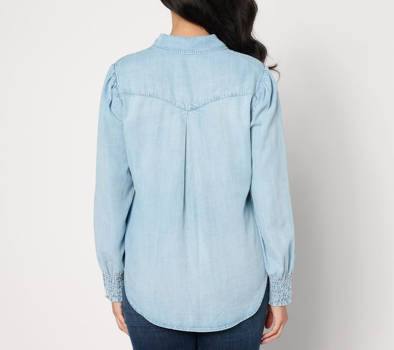 Side Stitch Flap Pocket Button-Front Top - Light Mist — View 4