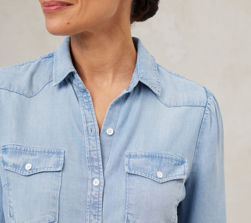 Side Stitch Flap Pocket Button-Front Top - Light Mist — View 8