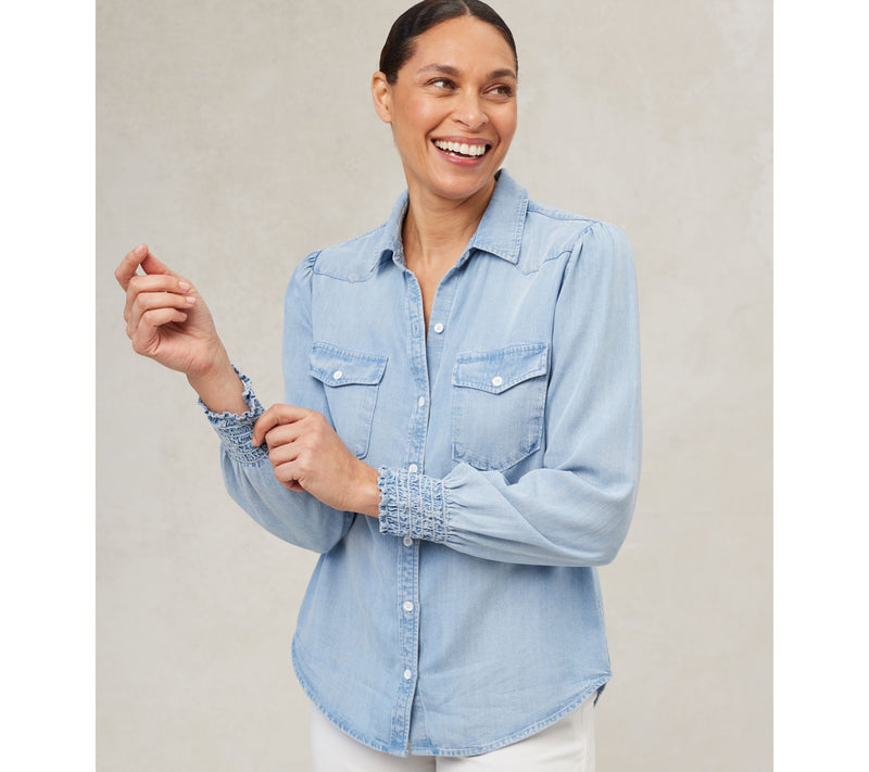 Side Stitch Flap Pocket Button-Front Top - Light Mist — View 7