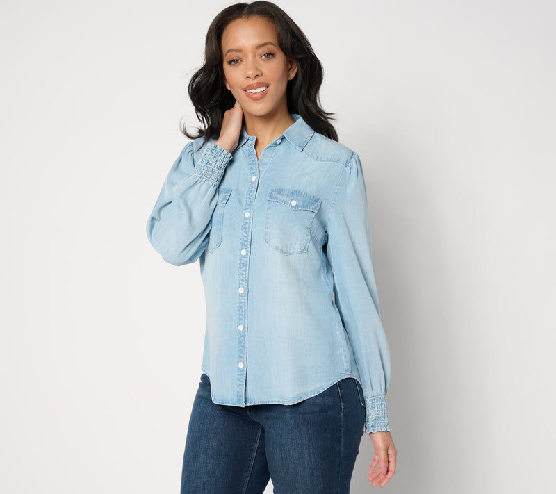Side Stitch Flap Pocket Button-Front Top - Light Mist — View 3