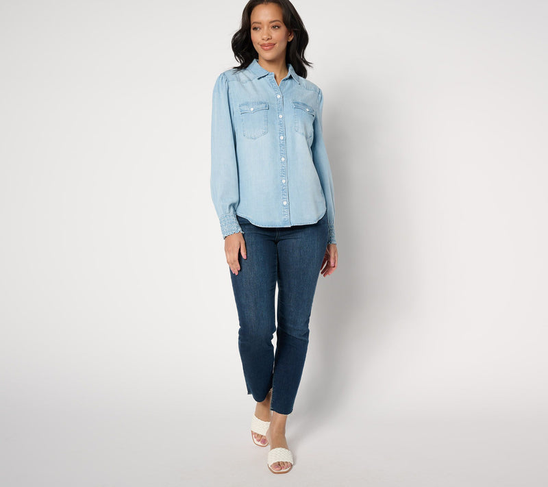 Side Stitch Flap Pocket Button-Front Top - Light Mist — View 5