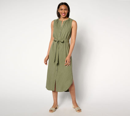 Side Stitch Sleeveless Tie Waist Shirt Dress