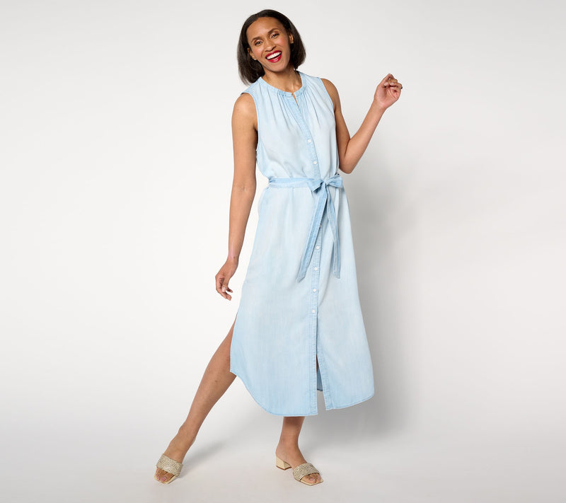 Side Stitch Sleeveless Tie Waist Shirt Dress - Crystal Cave — View 3