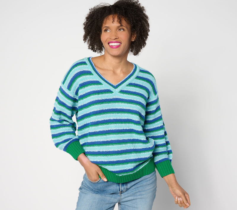 Isaac Mizrahi Live! 3/4 Sleeve Textured Multi Stripe Sweater — View 7