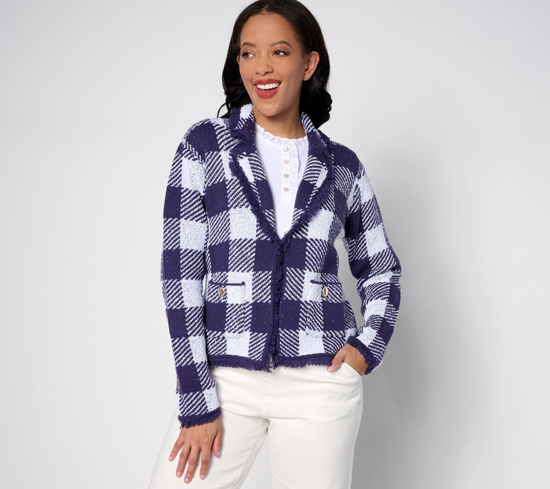 Isaac Mizrahi Live! Gingham Sweater Cardigan w/ Patch Pockets — View 5