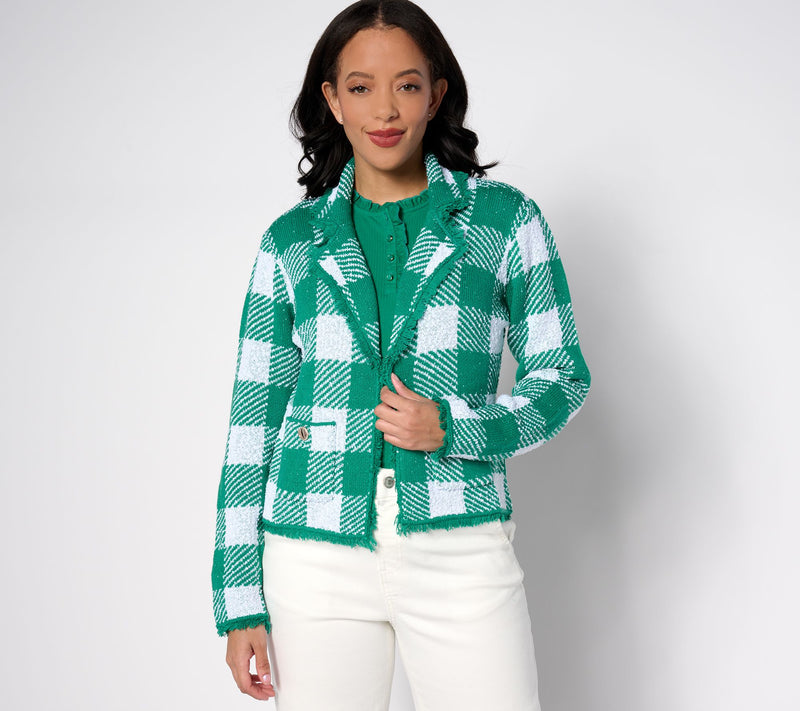 Isaac Mizrahi Live! Gingham Sweater Cardigan w/ Patch Pockets — View 7