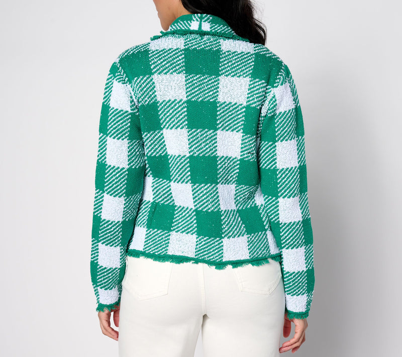Isaac Mizrahi Live! Gingham Sweater Cardigan w/ Patch Pockets — View 10