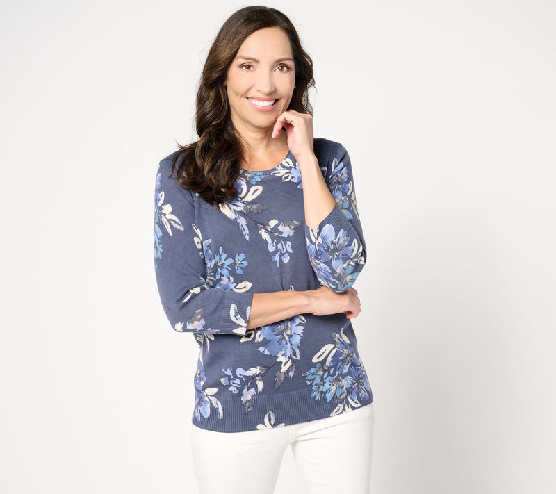 Denim & Co. Printed Round Neck 3/4-Sleeve Sweater — View 20