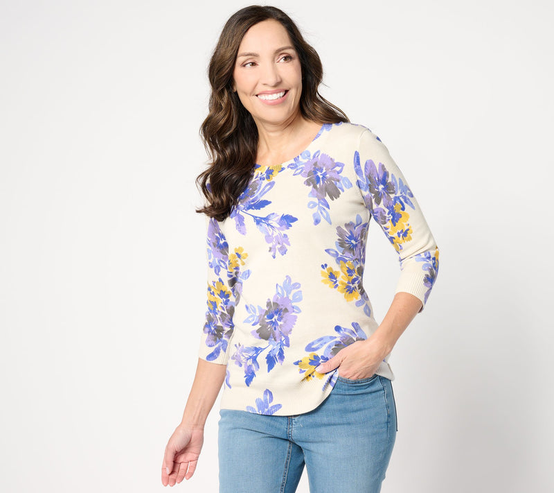 Denim & Co. Printed Round Neck 3/4-Sleeve Sweater — View 22