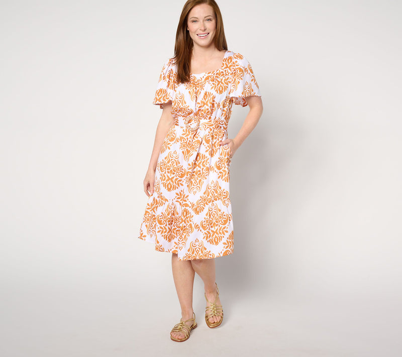Destination 365 Petite Printed Flutter Sleeve Self Belted Dress — Main view