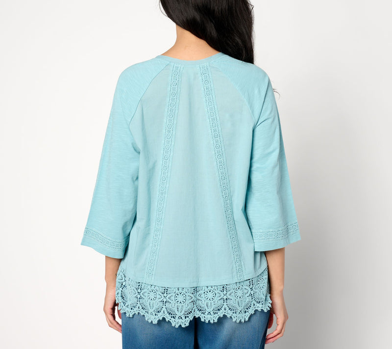 LOGO Lavish by Lori Goldstein Woven Button Front Top with Lace Trim — View 14