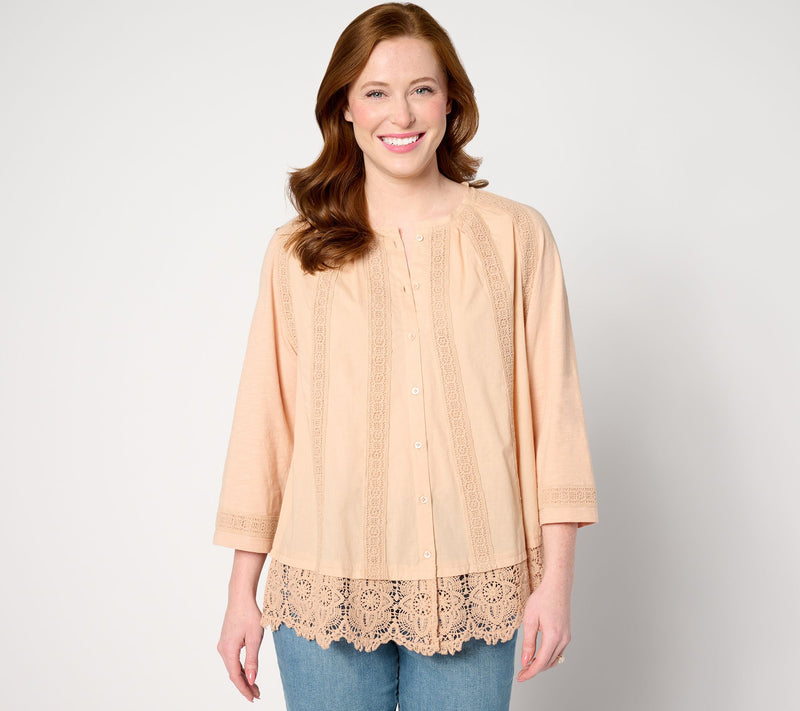 LOGO Lavish by Lori Goldstein Woven Button Front Top with Lace Trim — Main view