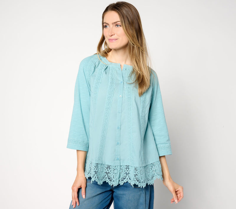 LOGO Lavish by Lori Goldstein Woven Button Front Top with Lace Trim — View 9