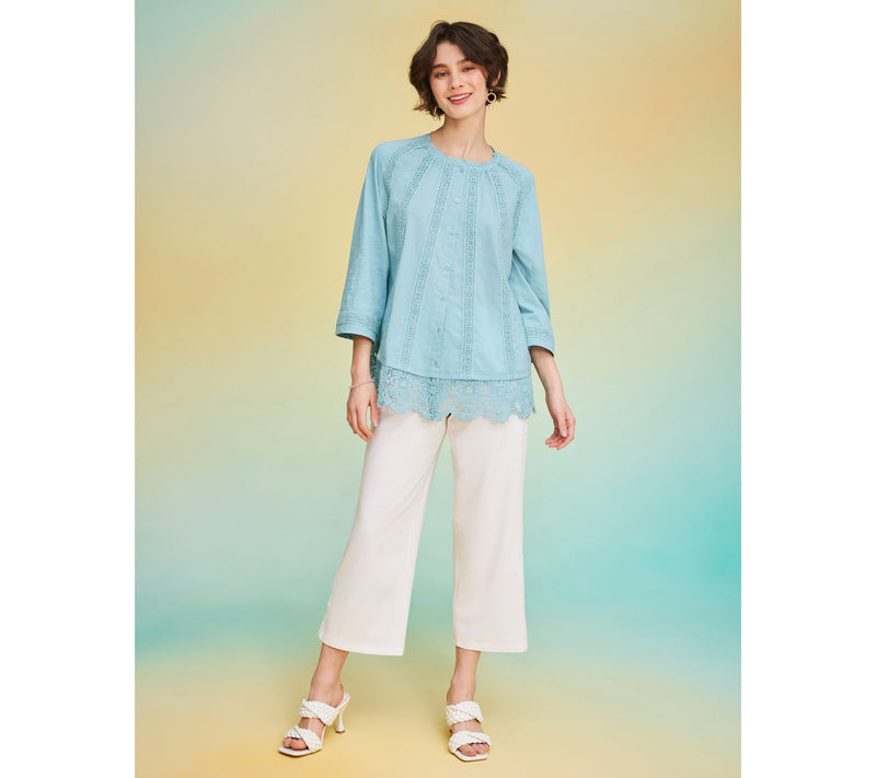 LOGO Lavish by Lori Goldstein Woven Button Front Top with Lace Trim — View 16
