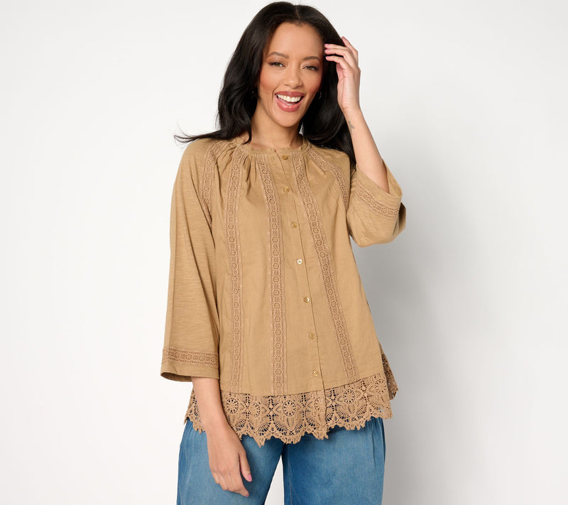LOGO Lavish by Lori Goldstein Woven Button Front Top with Lace Trim — View 11
