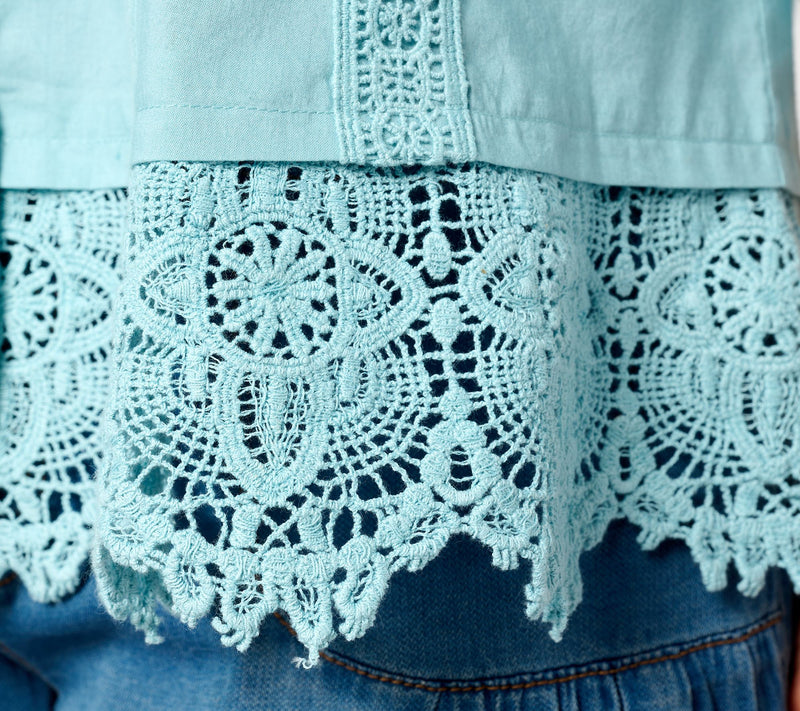 LOGO Lavish by Lori Goldstein Woven Button Front Top with Lace Trim — View 18