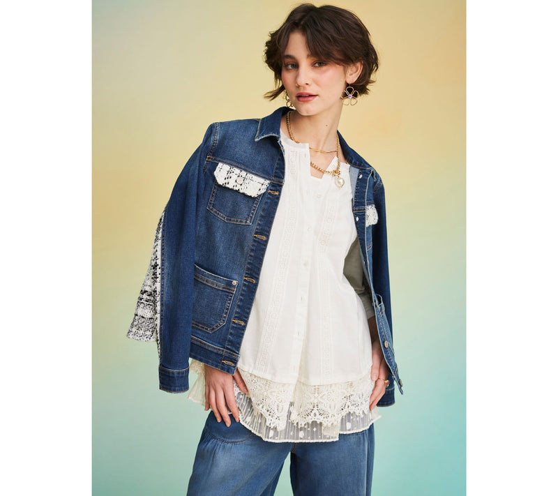 LOGO Lavish by Lori Goldstein Woven Button Front Top with Lace Trim — View 17